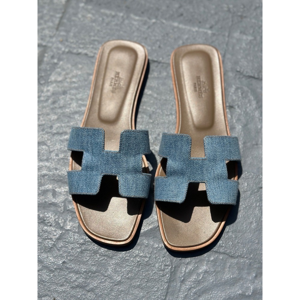 Hermes Oran Denim Sandals Blue denim Slides Size 39 Flat Shoes